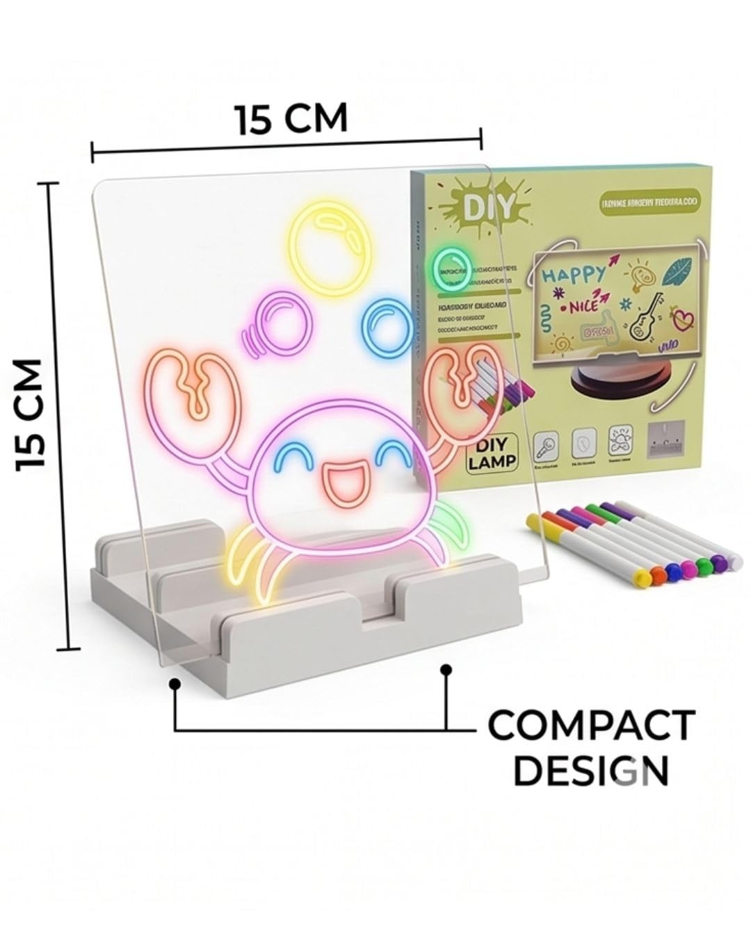 LED Light-Up Drawing Board with 7 Markers (15×15 cm)