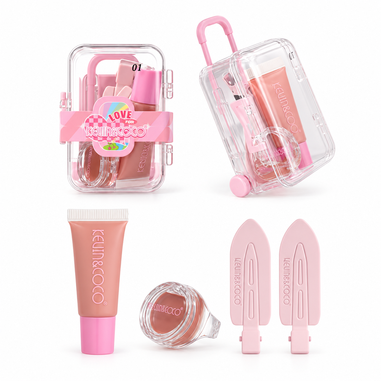 Set cosmetic KEVIN&COCO cu luciu de buze, fard de obraz și agrafe, în valiză