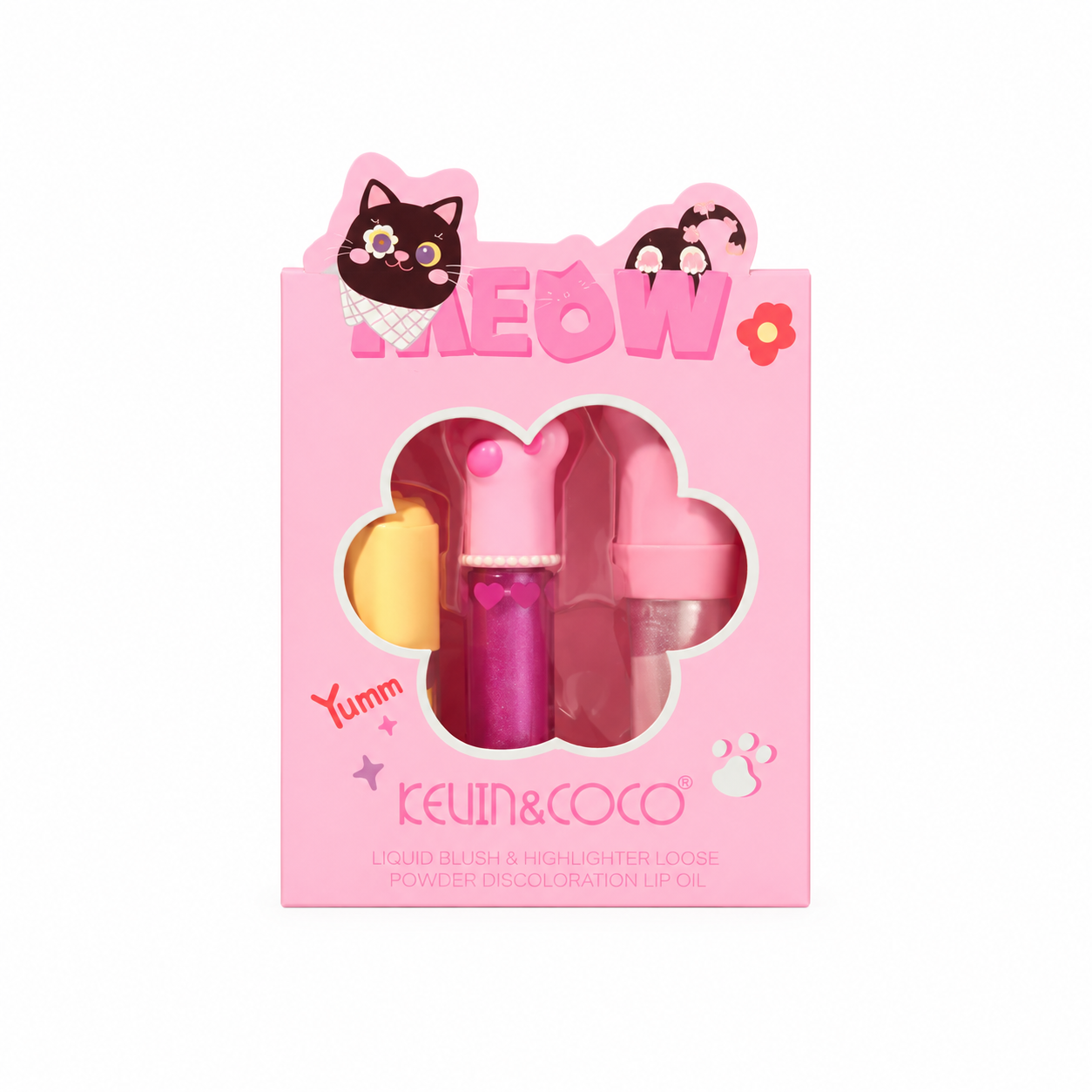 Set cosmetic Meow KEVIN&COCO: fard de obraz lichid, iluminator și ulei-luciu care își schimbă culoarea