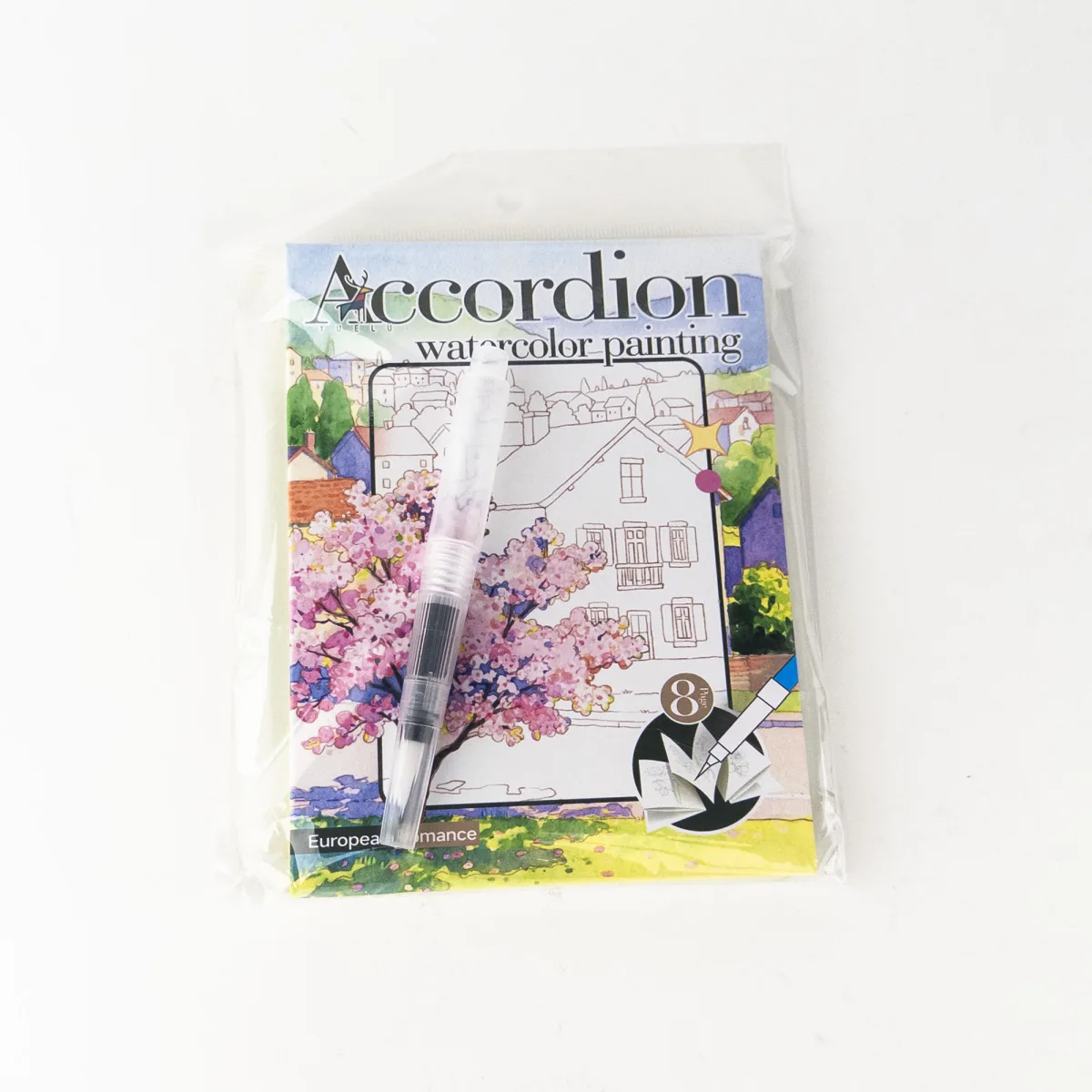 Watercolor Coloring Book with Dry Paints + Brush Pen "A Corner of the Street" 12×16 cm (8 Illustrations)